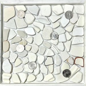May include: A white tray filled with small, white, ceramic tiles. The tiles are arranged in a random pattern and are of various shapes and sizes. There are several silver coins scattered throughout the tray.