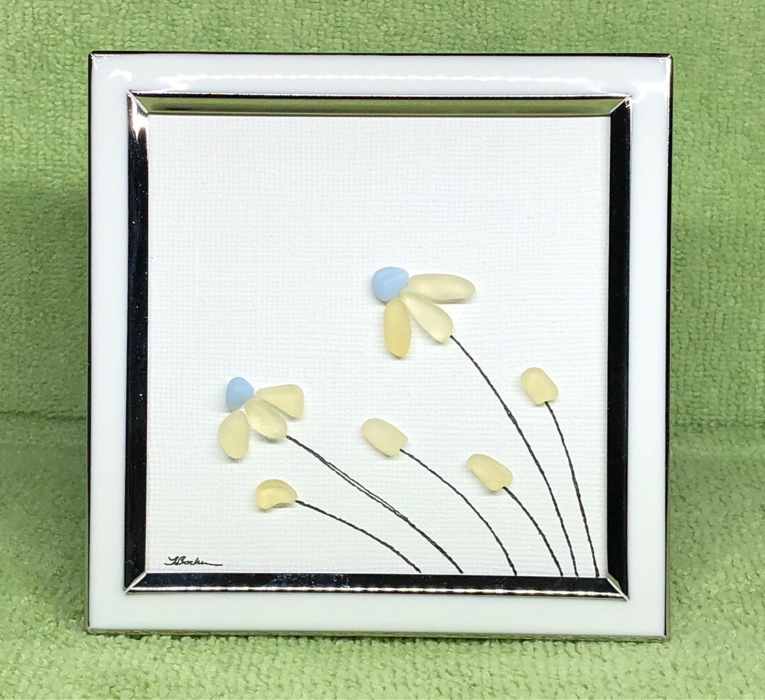 Genuine Sea Beach Glass Framed Art Picture, Daisies in the Wind, RARE