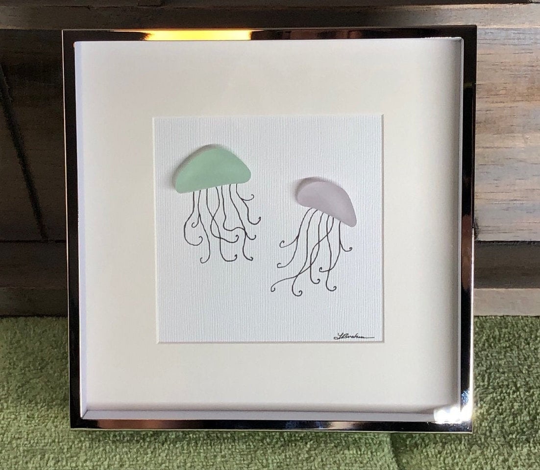 Jellyfish, Genuine Sea Beach Glass Framed Art Picture