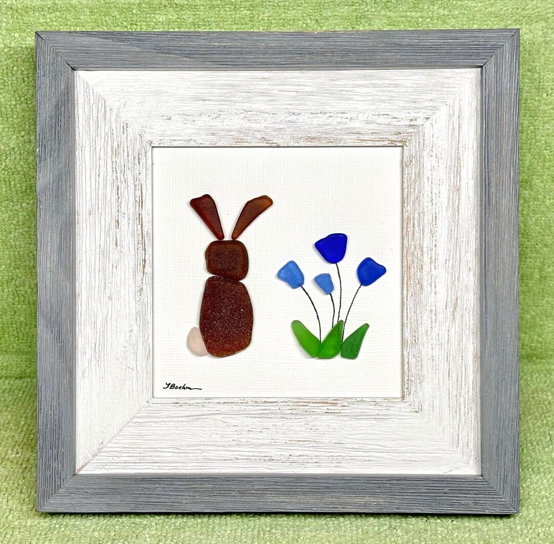 Sea Glass Bunny/rabbit With Cobalt & Cornflower Blue Tulips, Genuine ...