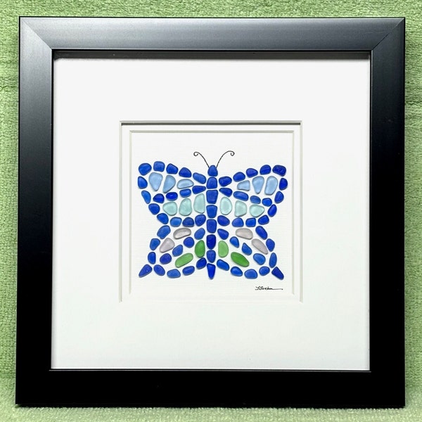 Sea Glass Butterfly, Genuine Sea Glass Framed Art, Rare Colors, 8-1/4" Shadow Box, Original Artwork, Mosaic, Handmade, OOAK