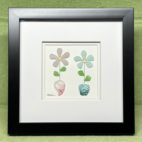 Genuine Sea Glass Framed Art, Mother's Day Gift, Lavender & Aqua Sea Glass Daisies in Coordinating Cultured Glass Vases, Shadow Box, Floral