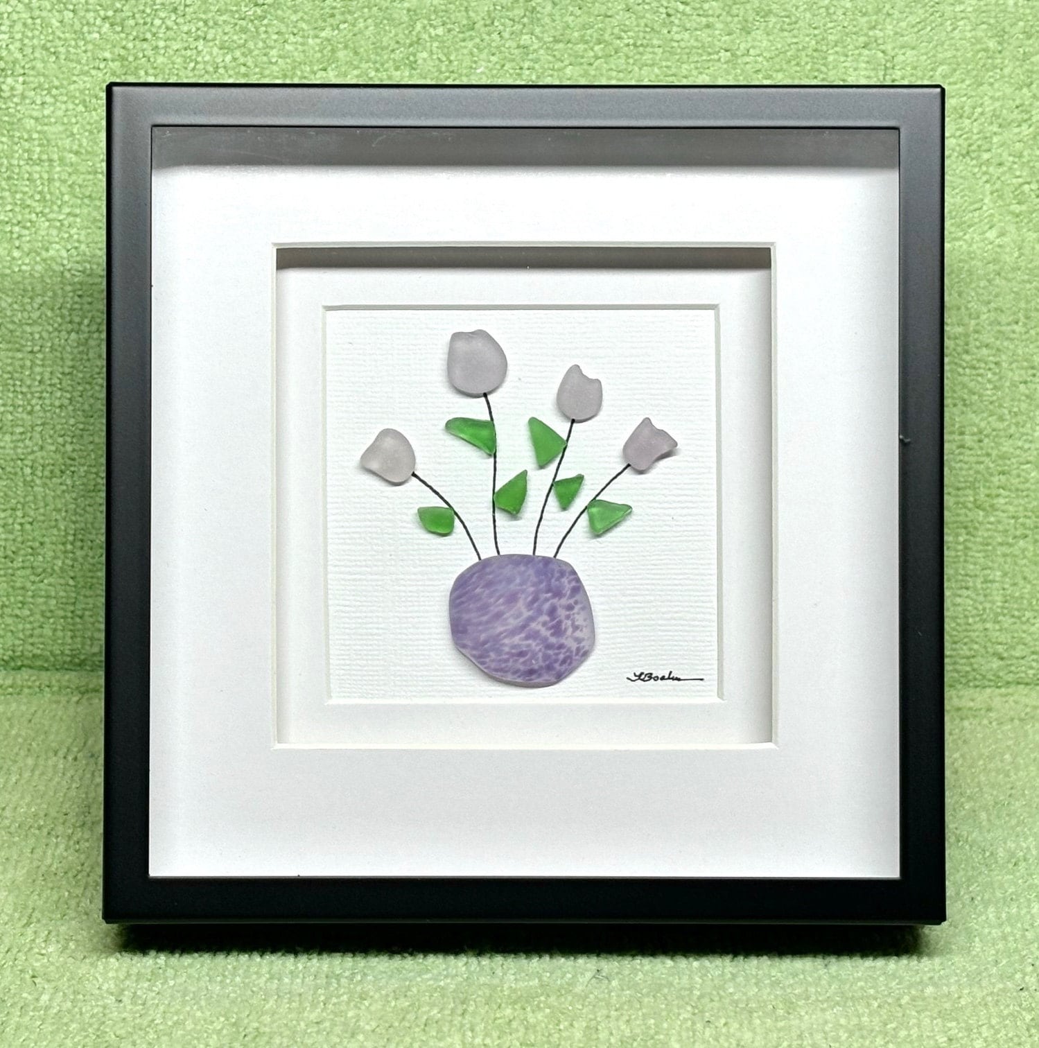 Picture of Genuine Sea Beach Glass Framed Art Picture, Lavender Tulips in Cultured ...