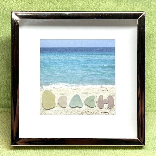 Genuine Sea Beach Glass Framed Art Picture, BEACH, Rare Pastel Colors, RARE Yellow, Surf-tumbled Beach Glass, OOAK Original, 6" Shadow Box