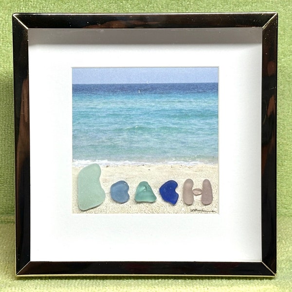 Genuine Sea Beach Glass Framed Art Picture, BEACH, Rare Colors, Deep Aqua, Surf-tumbled Beach Glass, OOAK Original, 6" Shadow Box