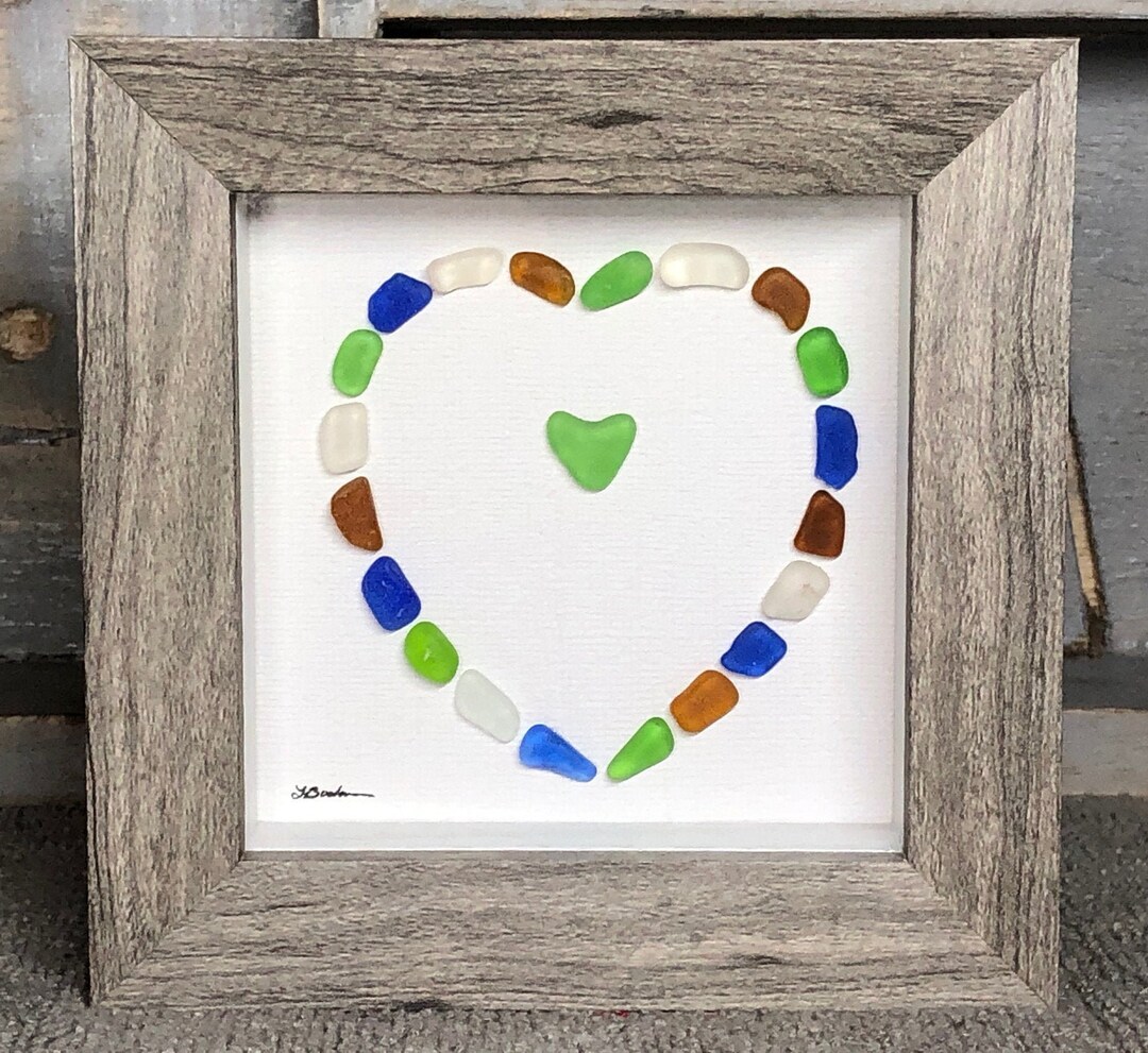 Genuine Sea Beach Glass Framed Art Picture, Open Heart, Love, Romance