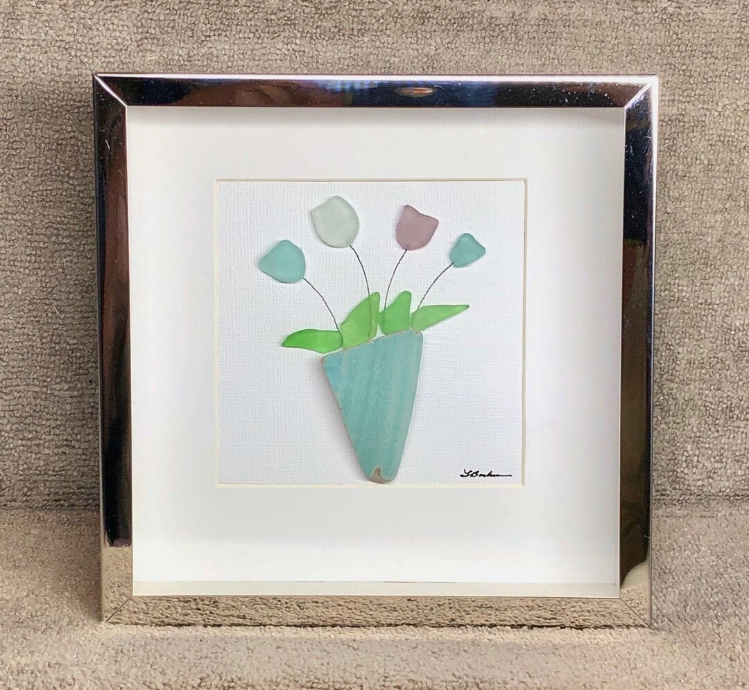 Genuine Sea Beach Glass Framed Art Picture, Pastel Tulips in Beach