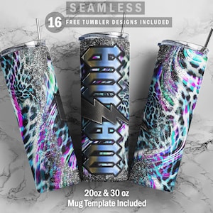 Puede incluir: 16 diseños de vasos gratuitos incluidos. Un conjunto de tres vasos de acero inoxidable de 20 oz y 30 oz con un diseño de estampado de leopardo azul, blanco y negro. Los vasos son sin costuras y tienen un acabado brillante. Plantilla de taza incluida.