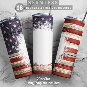 May include: Three 20oz stainless steel tumblers with a distressed American flag design. The tumblers are white, red, and blue with a wood grain texture. The text "SEAMLESS 16 FREE TUMBLER DESIGNS INCLUDED" is at the top of the image. The text "20oz Size Mug Template Included" is at the bottom of the image.