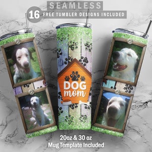 Puede incluir: Un conjunto de 16 diseños de vasos sin costuras con un tema de mamá de perro. El diseño incluye una casa para perros, huellas de patas y un hueso de perro. Los vasos están disponibles en tamaños de 20 oz y 30 oz. Se incluye una plantilla de taza.
