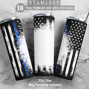May include: Three 20oz stainless steel tumblers with a distressed American flag design featuring a thin blue line. The tumblers are on a marble surface. 16 free tumbler designs included. Mug template included.