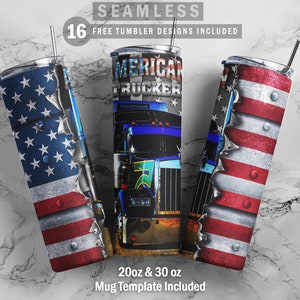 Truck American Flag, Skinny Tumbler 20oz 30oz Wrap, Mug Template 11oz, Sublimation Waterslide, PNG Digital Desings Download