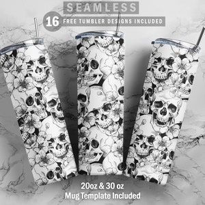 Skulls And Flower Skinny Tumbler 20oz 30oz Wrap, Mug Template 11oz Sublimation Waterslide PNG Digital Desings Download
