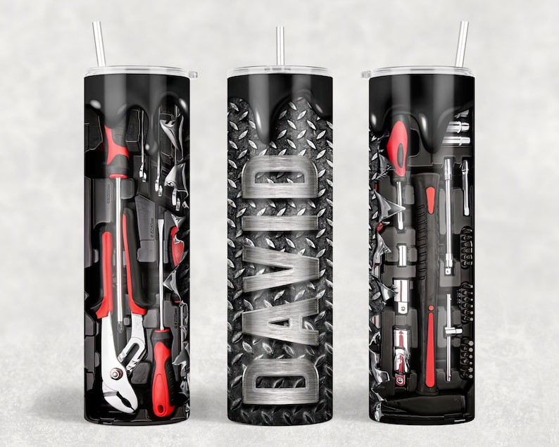 May include: Three stainless steel tumblers with a black and silver design. The center tumbler has the name "DAVID" printed on it. The tumblers on the left and right have a design of tools in a toolbox.