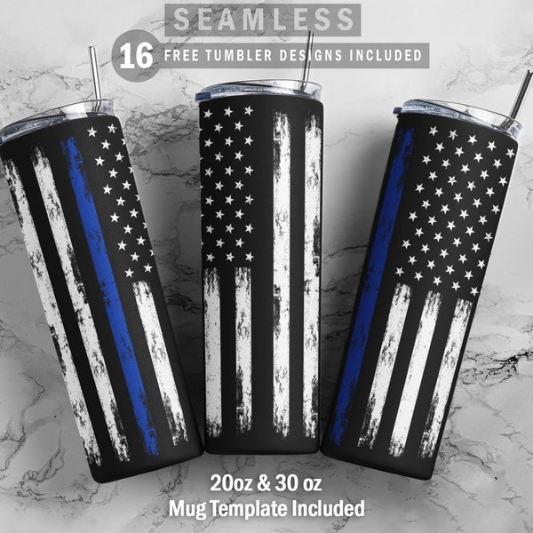 American Flag Thin Blue Line Skinny Tumbler 20oz 30oz Wrap, Mug Template 11oz Sublimation Waterslide PNG Digital Desings Download