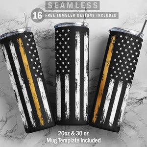 Könnte beinhalten: Set aus drei 20oz und 30oz Edelstahl-Bechern mit einem schwarz-weißen amerikanischen Flaggen-Design und einem dünnen goldenen Streifen. Die Becher sind nahtlos und werden mit 16 kostenlosen Designs geliefert.