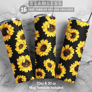 Sunflowers Black Background Skinny Tumbler 20oz 30oz Wrap, Mug Template 11oz Sublimation Waterslide PNG Digital Desings Download