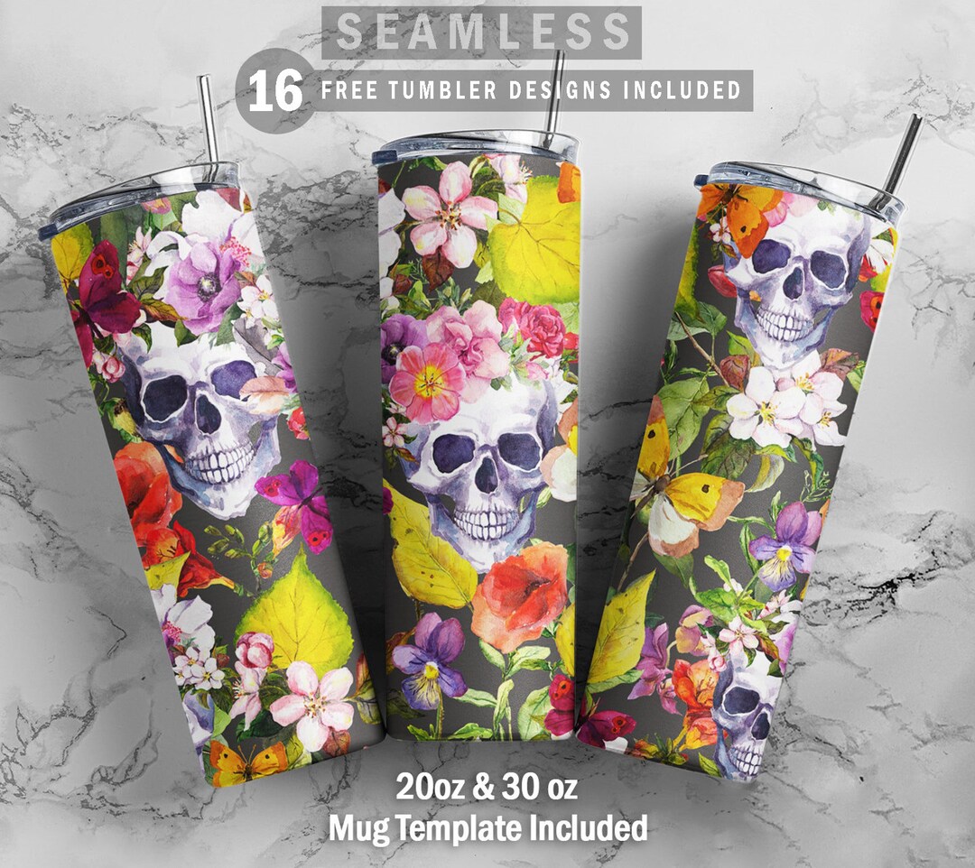 Skulls and Flowers Skinny Tumbler 20oz 30oz Wrap, Mug Template 11oz ...