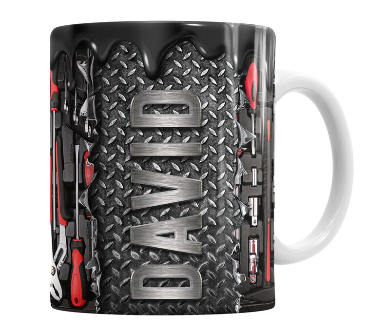 May include: A black and silver mug with a dripping black design. The mug features a diamond plate pattern and the name "DAVID" in silver letters. The mug is surrounded by a variety of tools, including wrenches, screwdrivers, and pliers.
