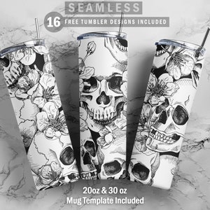 Skulls And Flower Skinny Tumbler 20oz 30oz Wrap, Mug Template 11oz Sublimation Waterslide PNG Digital Desings Download