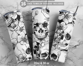 Skulls And Flower Skinny Tumbler 20oz 30oz Wrap, Mug Template 11oz Sublimation Waterslide PNG Digital Desings Download