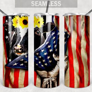 Cow Sunflower USA Flag Skinny Straight/Tapered Tumbler 20oz Wrap Sublimation Waterslide PNG Digital Desings Download