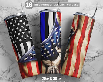 Peut inclure: Trois designs de gobelets de 20 oz et 30 oz représentant un drapeau américain avec une fine ligne bleue, une main tenant le drapeau américain et un drapeau américain vieilli. Le texte "SEAMLESS 16 FREE TUMBLER DESIGNS INCLUDED" est en haut de l'image. Le texte "20oz & 30oz Mug Template Included" est en bas de l'image.