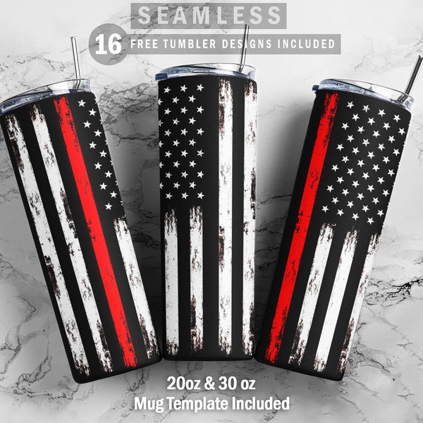 American Flag Thin Red Line Skinny Tumbler 20oz 30oz Wrap, Mug Template 11oz Sublimation Waterslide PNG Digital Designs Download