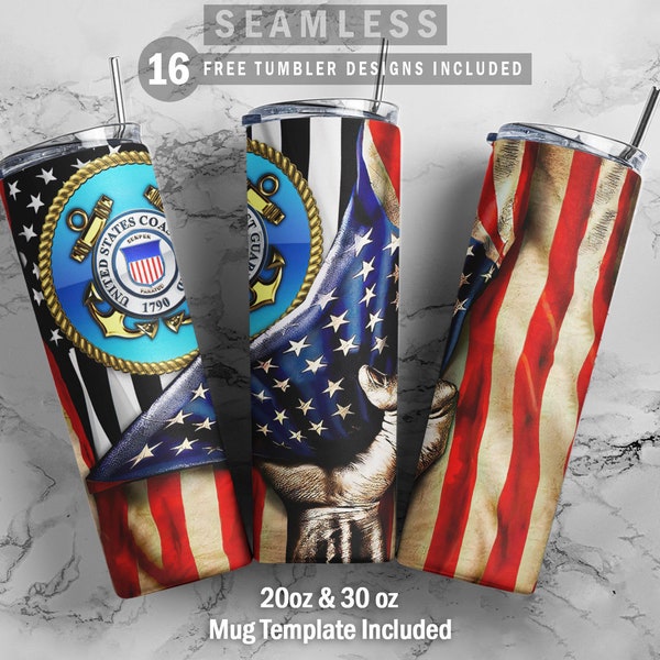 Coast Guard USA Flag, Skinny Tumbler 20oz 30oz Wrap, Mug Template 11oz, Sublimation Waterslide, PNG Digital Desings Download