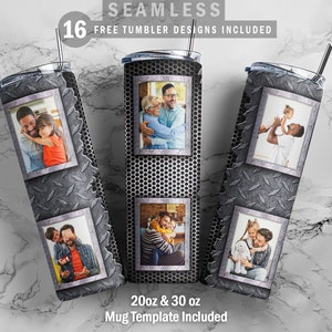Op de afbeelding: Drie roestvrijstalen bekers met een grijs metalen patroon en verschillende foto's van vaders en kinderen. De bekers zijn 20 oz en 30 oz.  Mok-sjabloon inbegrepen.  Naadloze 16 gratis bekerontwerpen inbegrepen.