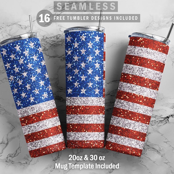 Patriotic American Flag Glitter Skinny Tumbler 20oz 30oz Wrap, Mug Template 11oz Sublimation Waterslide PNG Digital Desings Download