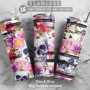Skulls And Flower, Skinny Tumbler 20oz 30oz Wrap, Mug Template 11oz, Sublimation Waterslide, PNG Digital Desings Download