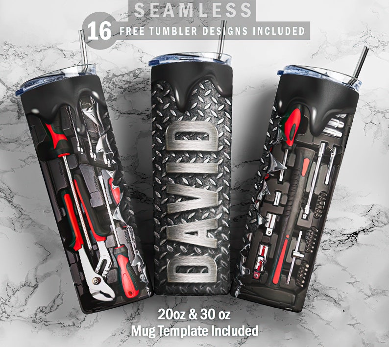 May include: Three black and silver 20oz and 30oz stainless steel tumblers with a black and red tool design, a black and silver diamond plate design with the name "DAVID" and a black and red tool design.  The tumblers are on a white marble background.  16 free tumbler designs included.
