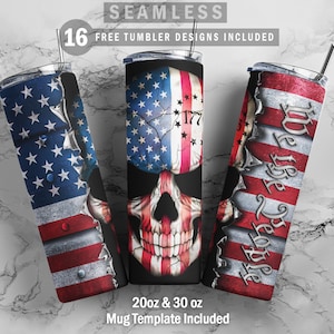 Puede incluir: Tres diseños de vasos de 20 oz y 30 oz con un cráneo con un diseño de bandera estadounidense. Los diseños incluyen un cráneo con una bandera estadounidense agrietada, un cráneo con una bandera estadounidense completa y un cráneo con una bandera estadounidense agrietada con el texto "We the People".