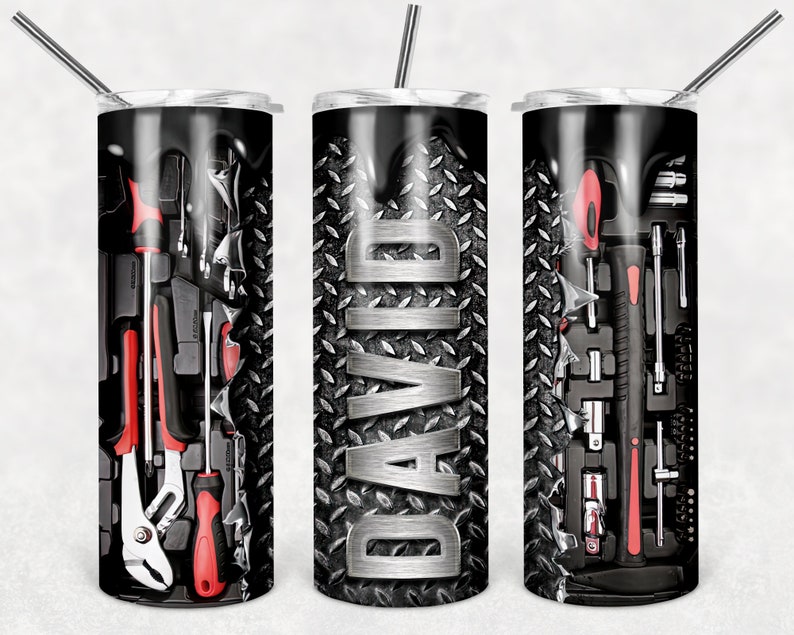 May include: Three stainless steel tumblers with a black and silver design. The tumblers feature a tool pattern, a name "DAVID", and a tool pattern. Each tumbler has a straw.