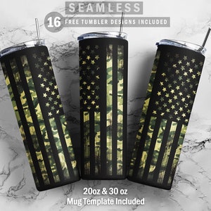 Puede incluir: Tres vasos de acero inoxidable de 20 oz y 30 oz con un diseño de bandera estadounidense de camuflaje negro y verde. Los vasos están sobre un fondo de mármol. 16 diseños de vasos gratuitos sin costuras incluidos. Plantilla de taza incluida.