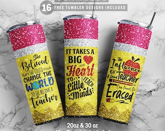 Può includere: Set di tre design per tumbler da 20 oz o 30 oz con glitter e disegni di matite gialle con citazioni ispiratrici per insegnanti. Le citazioni sono "She Believed She Could Change the World So She Became a Teacher", "It Takes a Big Heart to Teach Little Minds", and "The Influence of a Good Teacher Can Never Be Erased".