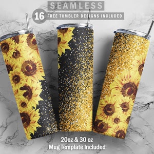Glitter Sunflowers, Skinny Tumbler 20oz 30oz Wrap, Mug Template 11oz, Sublimation Waterslide, PNG Digital Desings Download