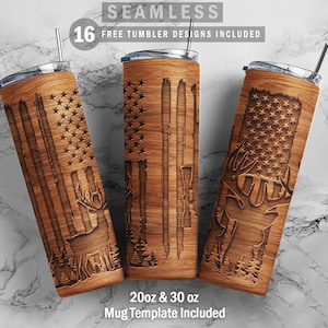 Puede incluir: Conjunto de tres vasos de acero inoxidable de 20 oz o 30 oz con un diseño de veta de madera. Cada vaso presenta una silueta de ciervo, una bandera estadounidense y un rifle. Los vasos son sin costuras y vienen con una plantilla de taza.