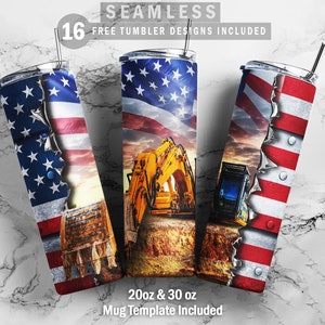 May include: A set of three 20oz and 30oz tumbler designs featuring an American flag with a distressed look and a yellow excavator. The text "SEAMLESS 16 FREE TUMBLER DESIGNS INCLUDED" is at the top of the image. The text "20oz & 30oz Mug Template Included" is at the bottom of the image.