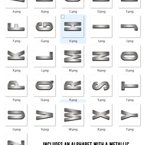 May include: A set of 26 alphabet letters in a metallic silver finish. Each letter is a separate image file. The letters are in a grid format with a white background.