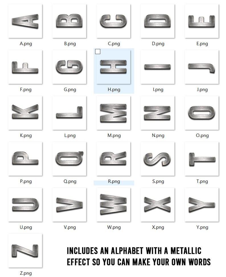 May include: A set of 26 alphabet letters in a metallic silver finish. Each letter is a separate image file. The letters are in a grid format with a white background.