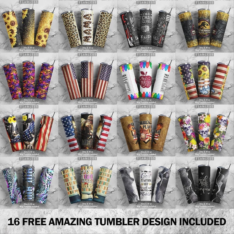 May include: A collection of 16 different tumbler designs, each featuring a unique pattern or graphic. The designs include a variety of themes, such as animals, flowers, and inspirational quotes. The tumblers are all 20 oz and 30 oz, and are seamless.