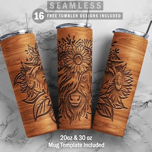 Highland Cow Wood Carved Skinny Tumbler 20oz 30oz Wrap, Mug Template 11oz Sublimation Waterslide PNG Digital Desings Download
