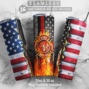 Fire Fighter USA Flag Skinny Tumbler 20oz 30oz Wrap, Mug Template 11oz Sublimation Waterslide PNG Digital Designs Download