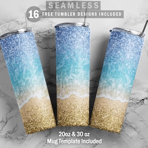 Summer Beach Glitter Seamless Skinny Tumbler 20oz 30oz Wrap, Mug Template 11oz Sublimation Waterslide PNG Digital Desings Download