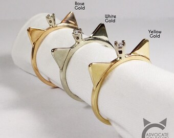 14k Gold, Solitaire Diamond, Cat Ring, Diamond Cat, Gold Cat Ring, Cute Diamond Ring, Gold Cat Ears Ring