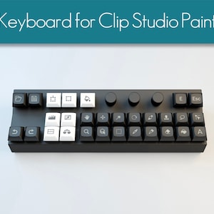 Può includere: Una tastiera nera con tasti bianchi e varie icone per l'uso con il software Clip Studio Paint. La tastiera ha due manopole e una fila di tasti con lettere e simboli.