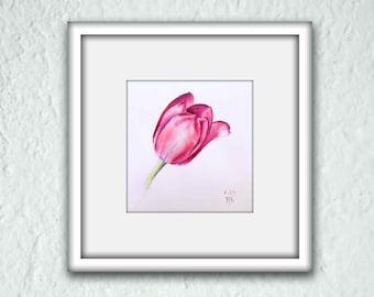 Tulip wall art. Flowers original watercolor painting 10 x 10 inch.