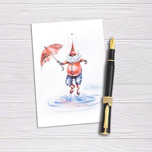 Cartão de Natal em branco para impressão com gnomos. Cartão postal de gnomos em aquarela.